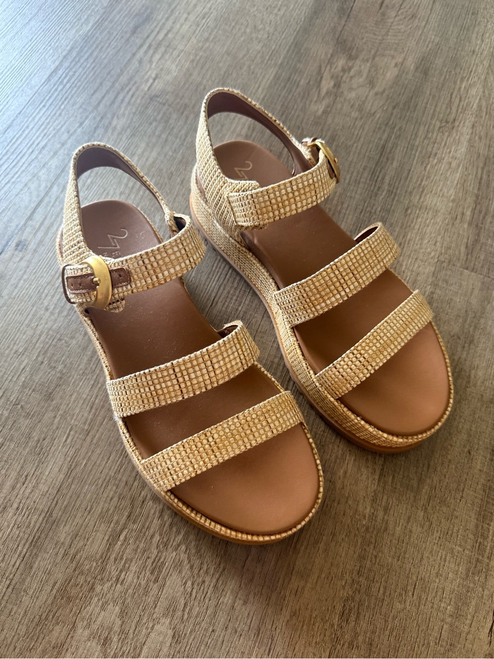Woven Metallic Beige Three-Strap Comfort Sandals